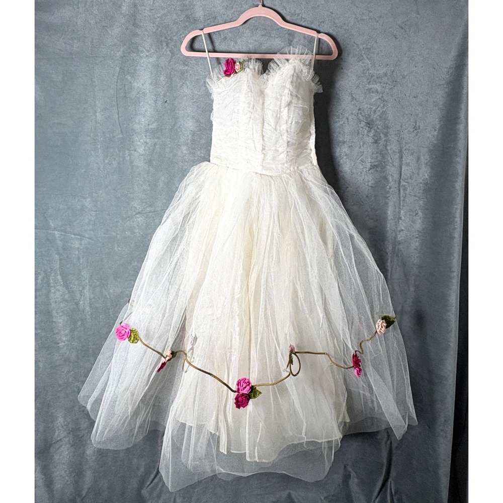 Vtg 1950s White Strapless Tulle Cupcake Party Dress Boning Roses Tea HoCo XS/S